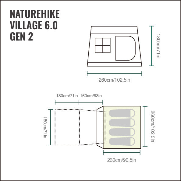 Naturehike Village 6.0 Gen 2 Quick Open Tent Brown (2026) floor plan