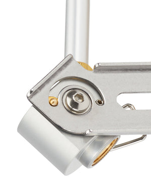 Snow Peak Folding Torch GT-120 close-up of the hex-bolt folding pivot and brass gas canister thread connector