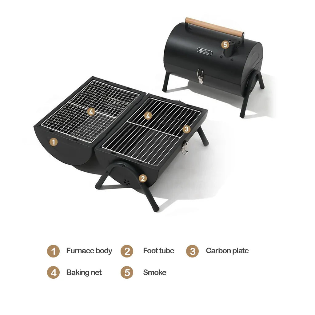 A compact, black two-sided barbecue stove with a wooden handle, designed for outdoor cooking activities like camping and picnics. Shows opened 