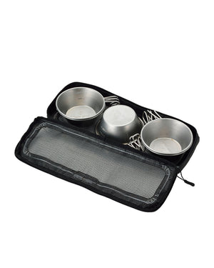 Snow Peak Kitchen Mesh Case L laid open, black mesh lid folded forward, stainless cookware inside (sold separately)