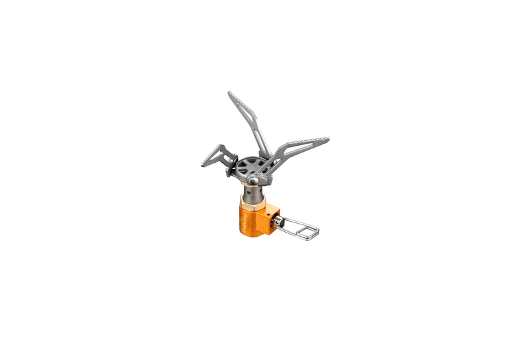 A compact and foldable Fire Maple camping stove made of titanium, featuring an orange color and foldable design for portability.