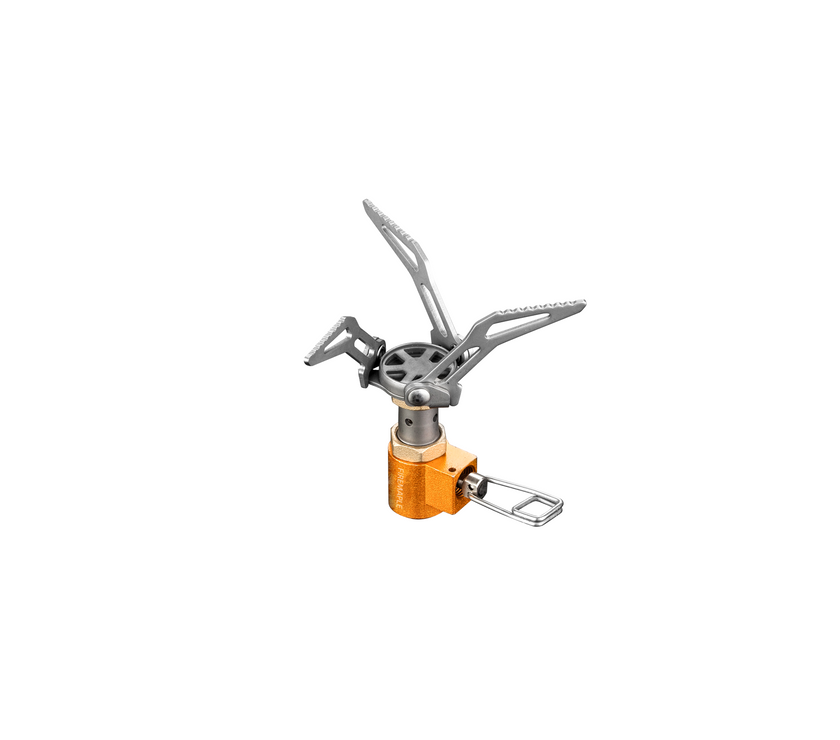 A compact and foldable Fire Maple camping stove made of titanium, featuring an orange color and foldable design for portability.