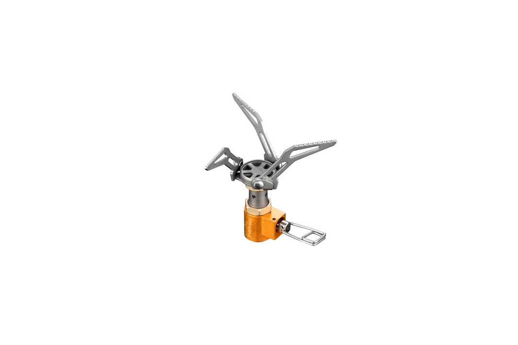 A compact and foldable Fire Maple camping stove made of titanium, featuring an orange color and foldable design for portability.