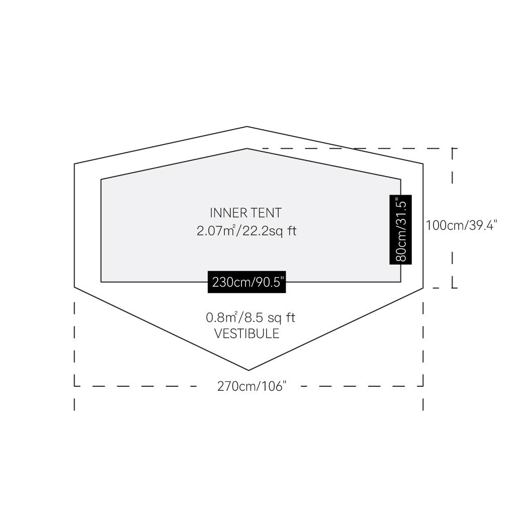 Floor plan: 230 × 80 cm inner tent (2.07 m²) inside a 270 × 100 cm footprint with a 0.8 m² vestibule