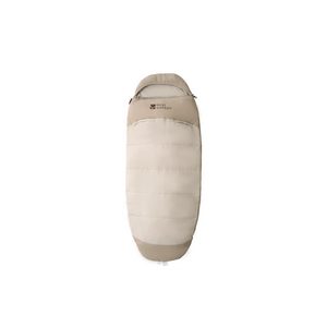 A beige and gray Mobi Garden sleeping bag with a zipper, designed for camping in cooler temperatures.