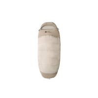 A beige and gray Mobi Garden sleeping bag with a zipper, designed for camping in cooler temperatures.