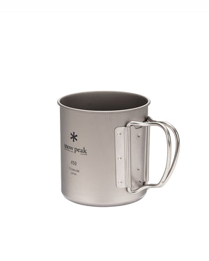 Snow Peak Ti-Single 450 titanium mug angled to show both wire folding handles extended from the riveted bracket