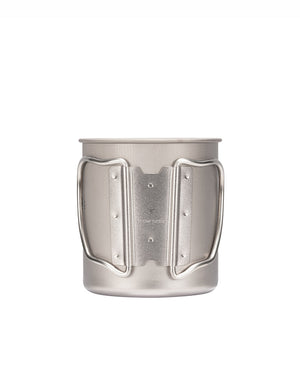 Snow Peak Ti-Single 450 titanium mug, rear view with twin handles stowed around the embossed snow peak bracket