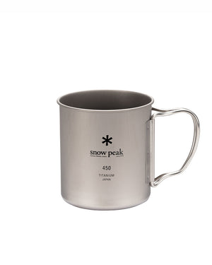 Snow Peak Ti-Single 450 titanium camping mug, side view, wire handle extended, marked 450 TITANIUM JAPAN