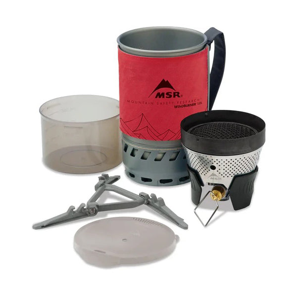 MSR WindBurner 1.0 L complete stove system with nested pot, bowl, and fuel canister stand