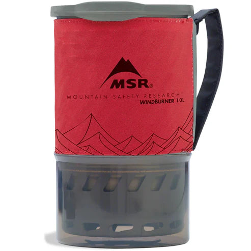 Close-up of the red MSR WindBurner 1 L pot with insulated cozy and handle