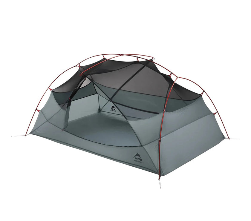 Gray camping tent with red accents on a white background