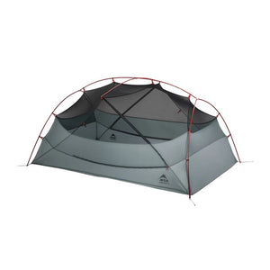 Gray camping tent with red accents on a white background
