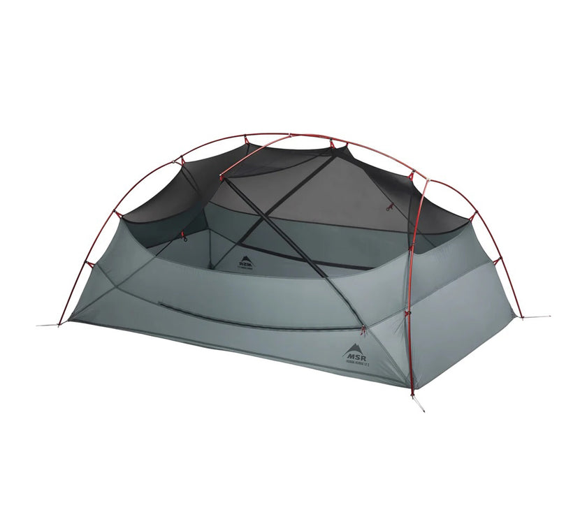 Gray camping tent with red accents on a white background