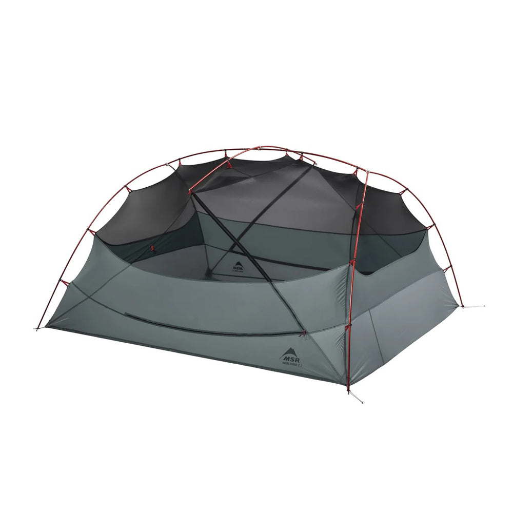 Gray camping tent with red accents on a white background