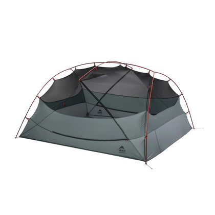 Gray camping tent with red accents on a white background