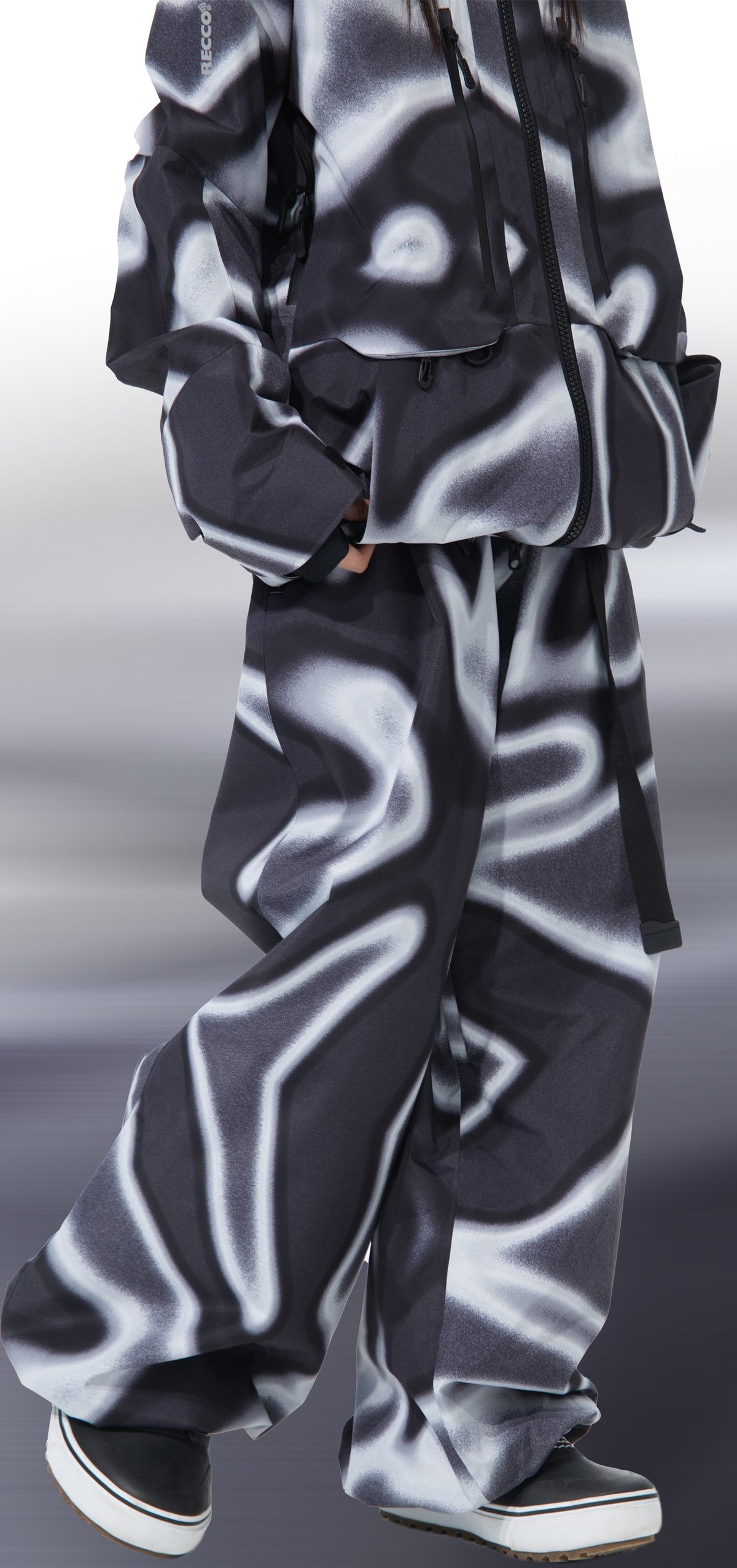 POMT Poison-AF 3L Snow Jacket & Pants Set — Black White, on model, detail