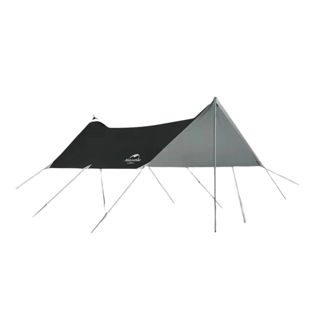 A silver and black Naturehike girder shelter tarp set up with two poles and guy ropes.