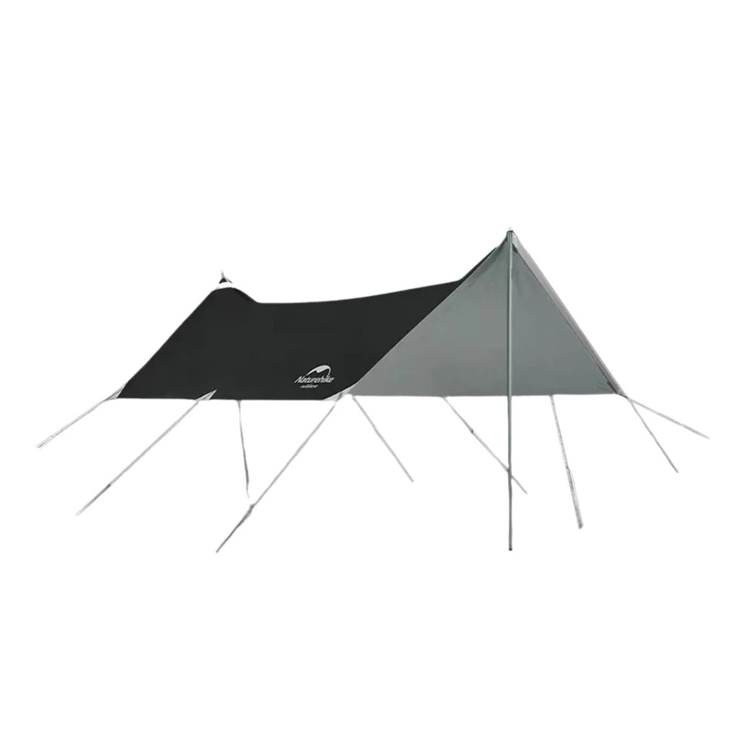 A silver and black Naturehike girder shelter tarp set up with two poles and guy ropes.
