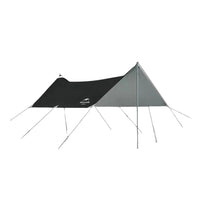 A silver and black Naturehike girder shelter tarp set up with two poles and guy ropes.