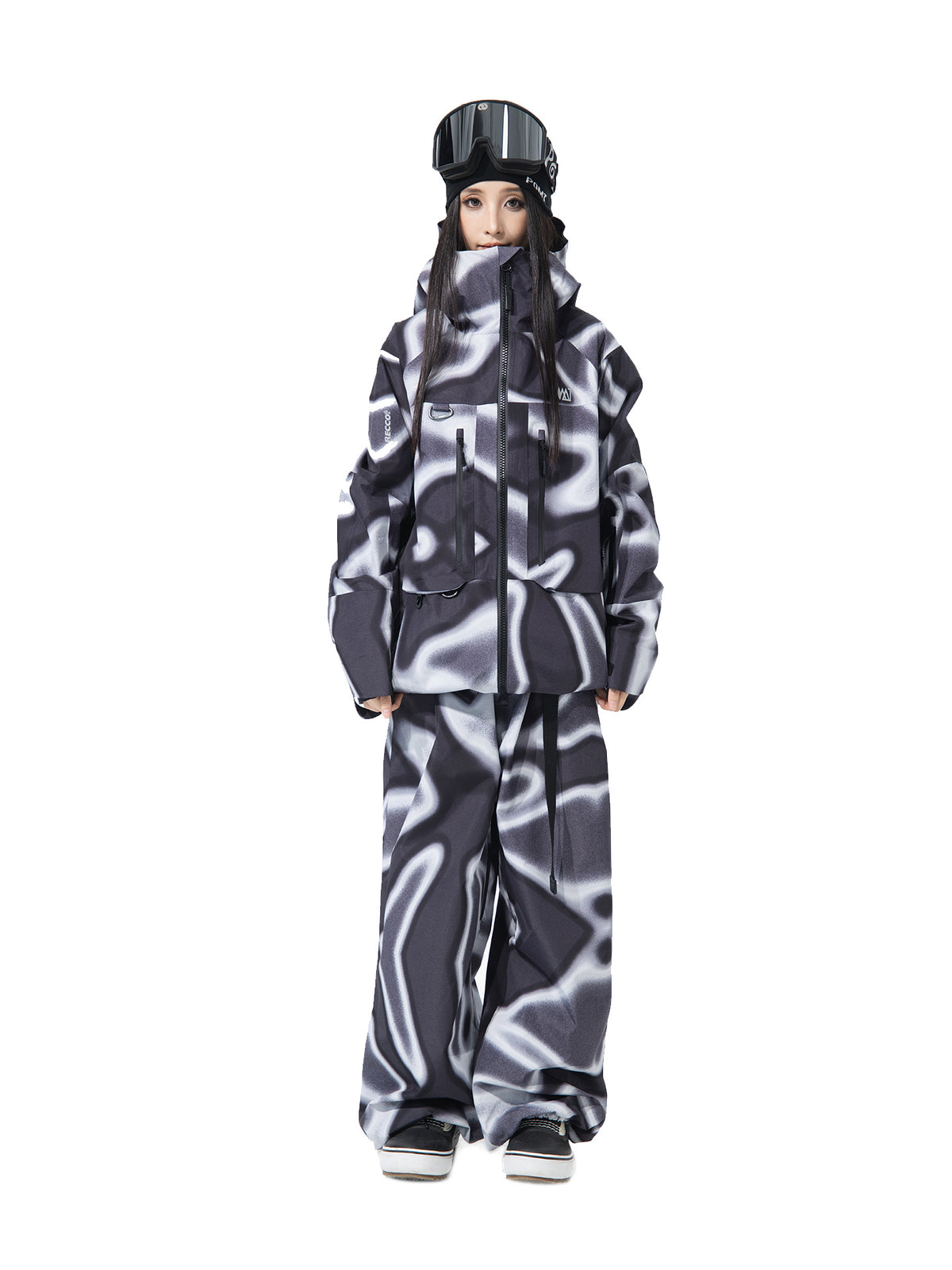 POMT Poison-AF 3L Snow Jacket & Pants Set — Black White, on model, front, full set, second model, white background