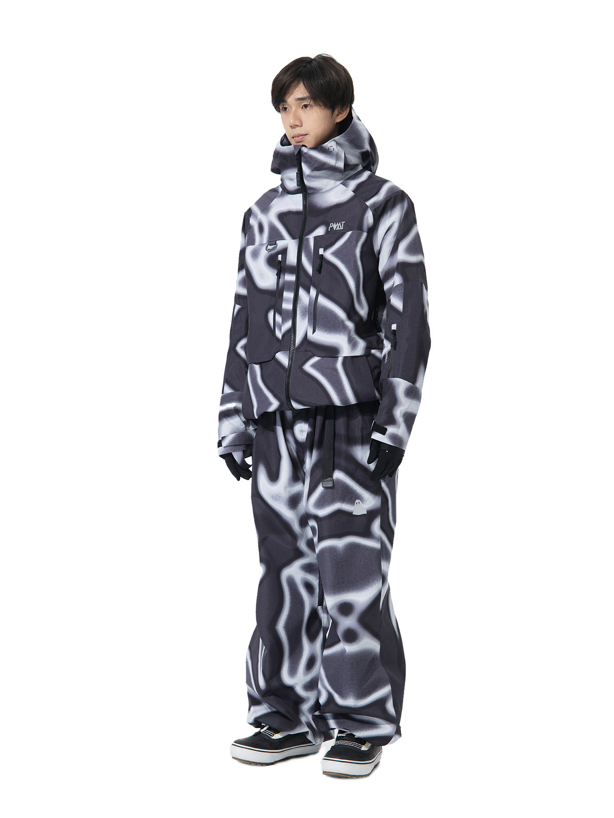 POMT Poison-AF 3L Snow Jacket & Pants Set — Black White, on model, front, full set, white background