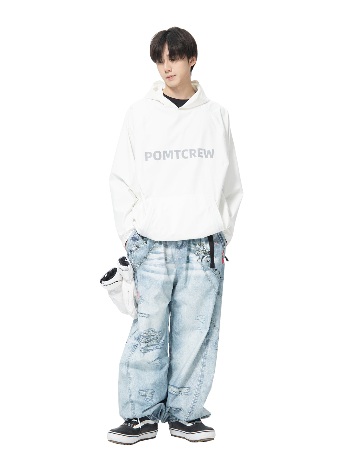 POMT Printed 2L Snow Pants — Blue White, on model, front, white background