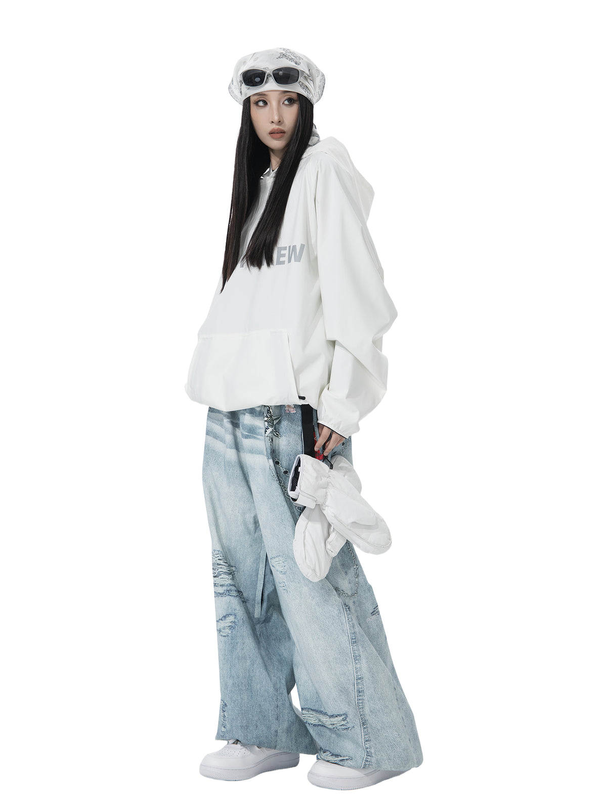 POMT Printed 2L Snow Pants — Blue White, on model, three-quarter, white background