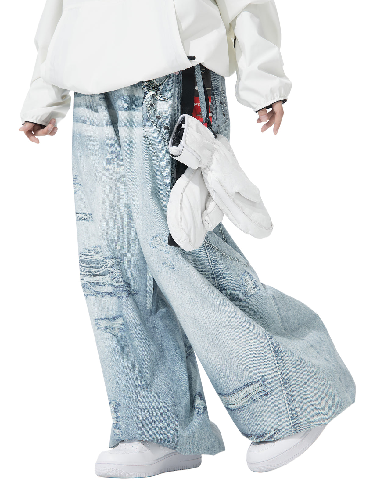 POMT Printed 2L Snow Pants — Blue White, on model, detail, white background