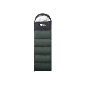 Green envelope-style sleeping bag with a zipper, suitable for camping in mild temperatures.