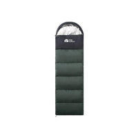 Green envelope-style sleeping bag with a zipper, suitable for camping in mild temperatures.