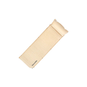 A beige automatic inflatable cushion with a built-in pillow, in its rolled-up state, showing the brand name 'Naturehike'.