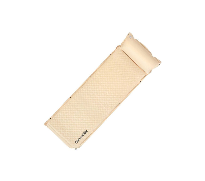 A beige automatic inflatable cushion with a built-in pillow, in its rolled-up state, showing the brand name 'Naturehike'.