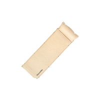 A beige automatic inflatable cushion with a built-in pillow, in its rolled-up state, showing the brand name 'Naturehike'.