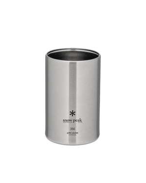 Snow Peak Shimo Can Cooler 350 TW-355, brushed stainless steel, empty and upright on a white studio background