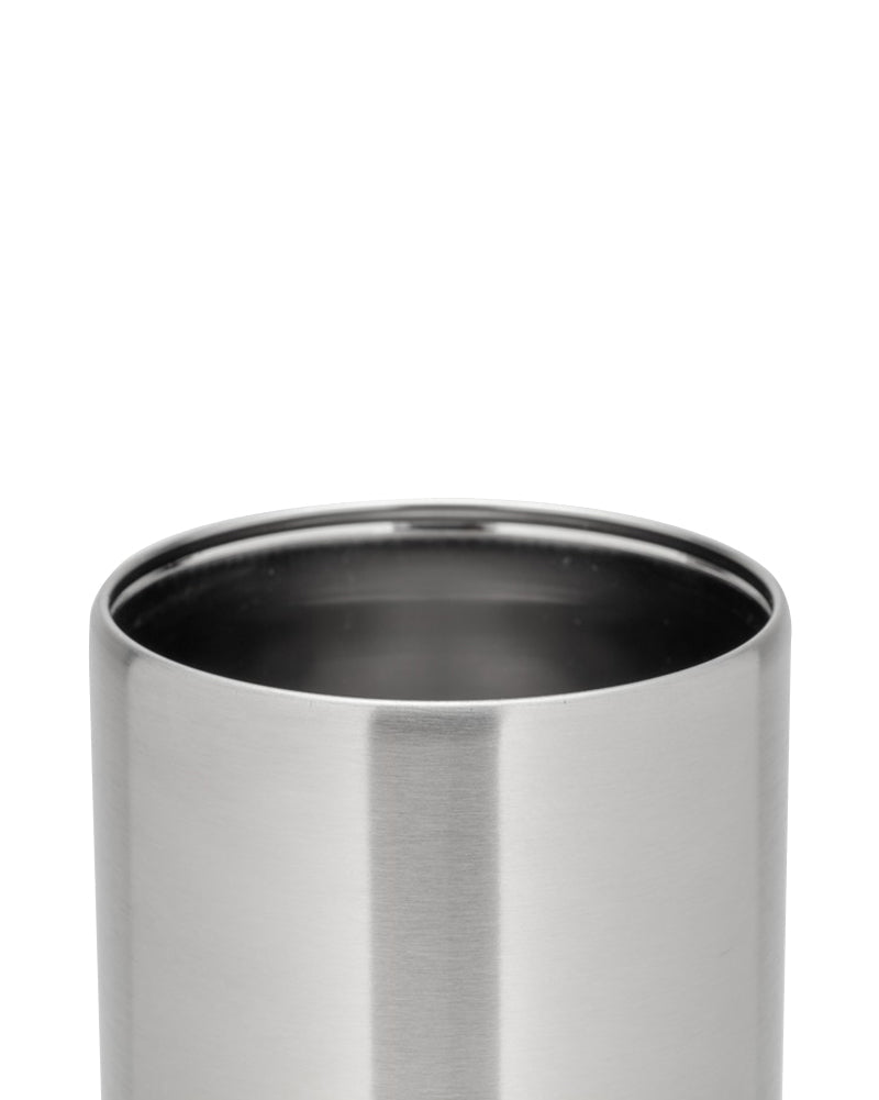 Snow Peak Shimo Can Cooler 350 close-up: empty mirror-polished interior and rolled stainless rim