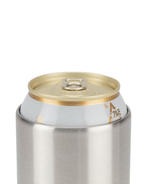 Snow Peak Shimo Can Cooler 500 close-up with a slim aluminum can seated inside, can lid and pull tab above the rim