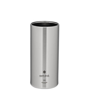 Snow Peak Shimo Can Cooler 500, brushed stainless steel body etched with snow peak logo and 500 VACUUM STAINLESS mark