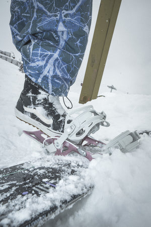 SP Core Snowboard Bindings — Pink, on snow, close-up