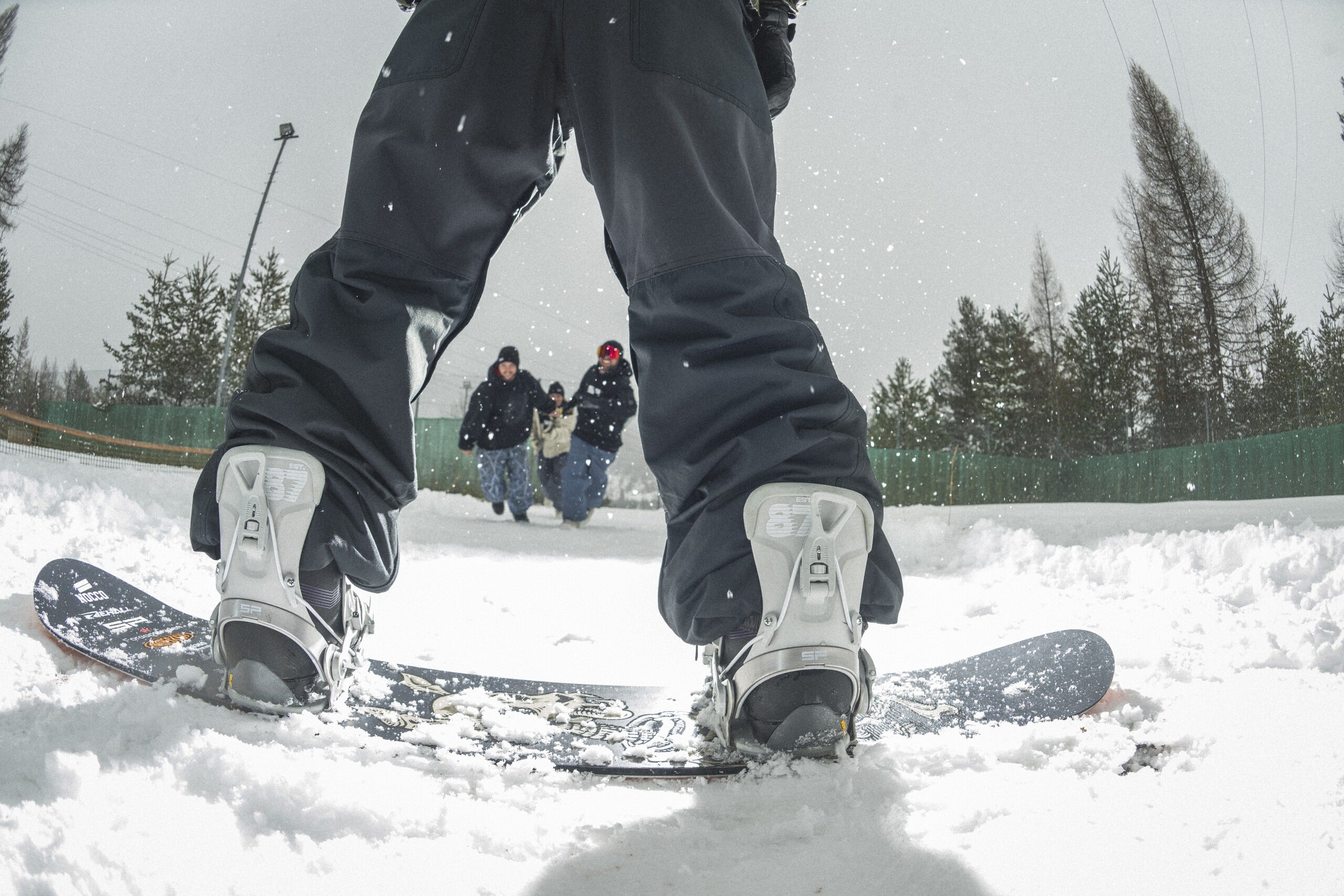 SP Team Snowboard Bindings — Silver, on snow