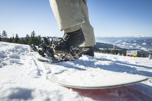 SP Team Snowboard Bindings — Titan Brown, on snow, close-up