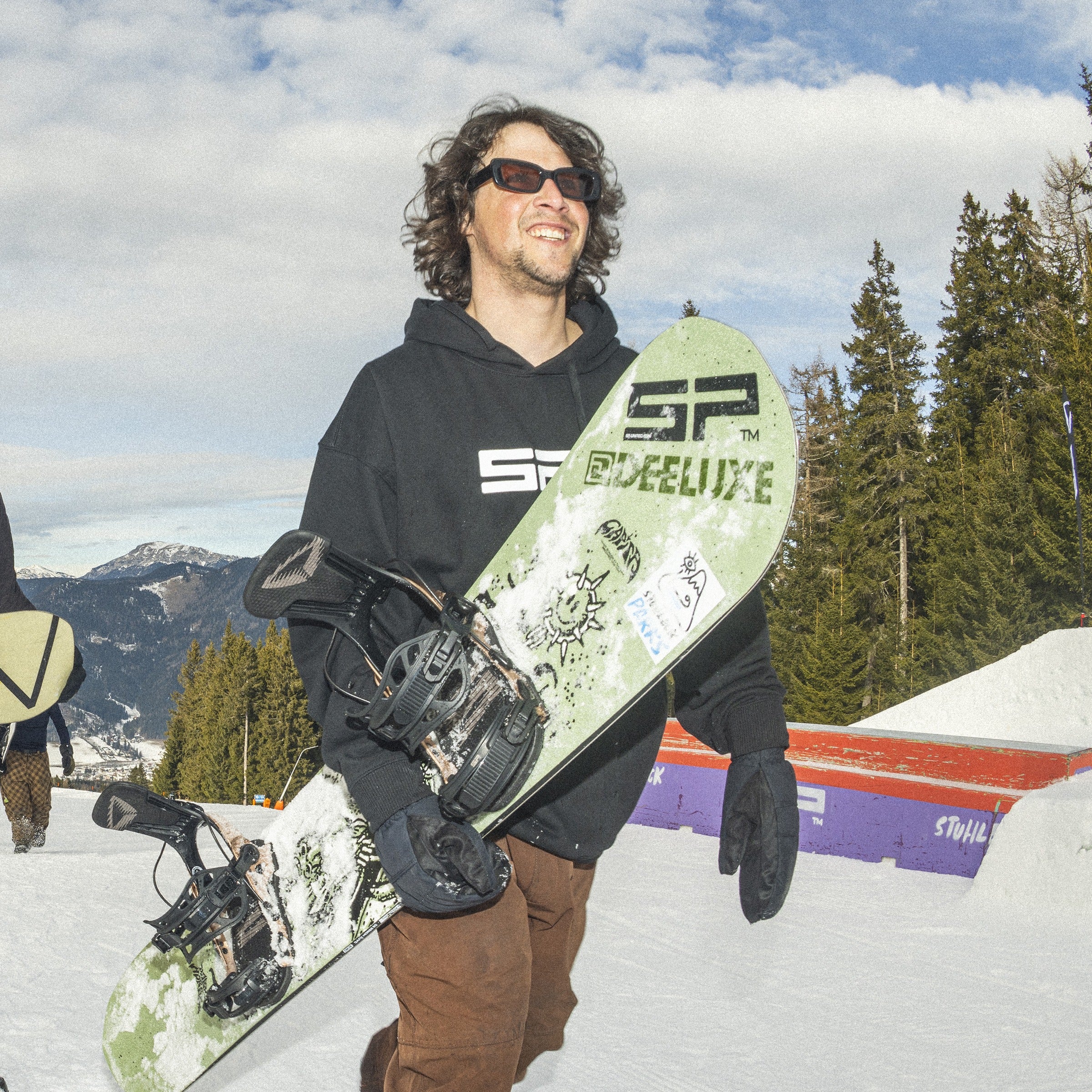 SP Team Snowboard Bindings — Titan Brown, on a board