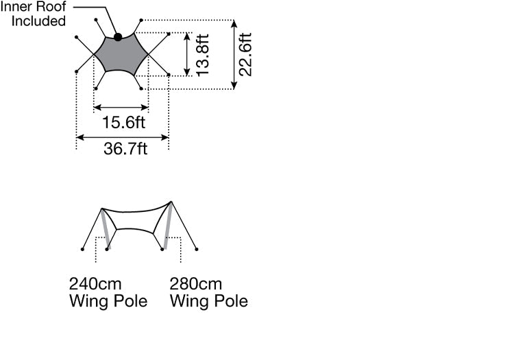 Snow Peak Takibi Tarp Hexa Set M spec diagram: 15.6 x 13.8 ft tarp, 36.7 x 22.6 ft guyed footprint, 240/280 cm wing poles