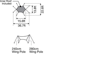 Snow Peak Takibi Tarp Hexa Set M spec diagram: 15.6 x 13.8 ft tarp, 36.7 x 22.6 ft guyed footprint, 240/280 cm wing poles