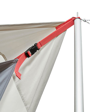 Snow Peak Takibi Tarp Hexa Set M red ridge tape with side-release buckle joining the tarp corner to the silver wing pole