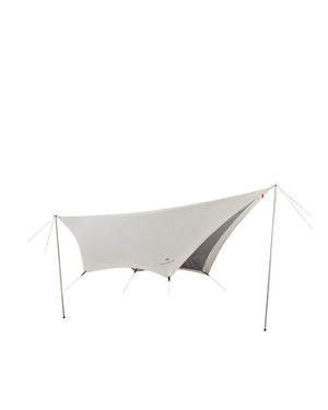 Snow Peak Takibi Tarp Hexa Set M in ivory, pitched on two silver wing poles with the grey inner roof beneath, studio shot