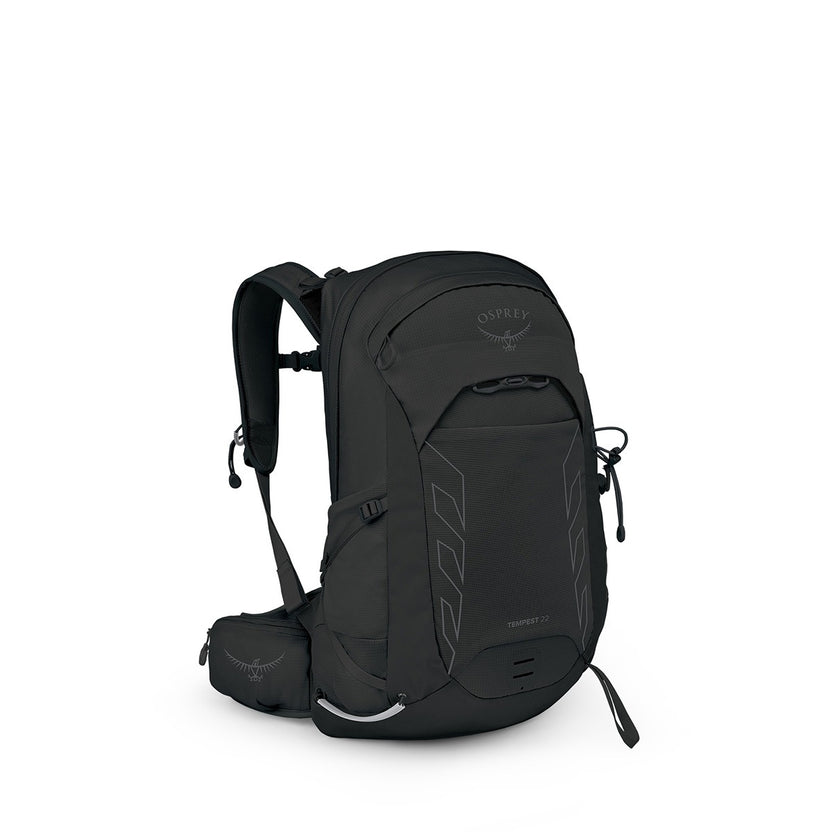 Osprey Tempest 22 women's backpack in Black/Coal Grey, white-background side view