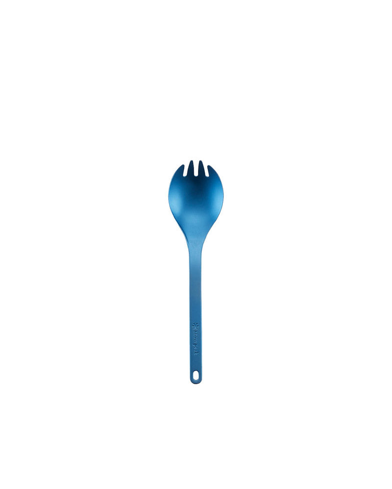 Snow Peak Titanium Spork SCT-004 in blue anodized titanium, full length with etched Snow Peak logo on handle