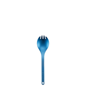 Snow Peak Titanium Spork SCT-004 in blue anodized titanium, full length with etched Snow Peak logo on handle