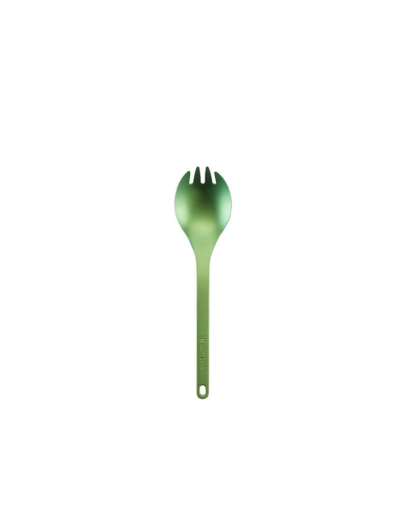 Snow Peak Titanium Spork SCT-004 in green anodized titanium, full length with etched logo and hanging hole